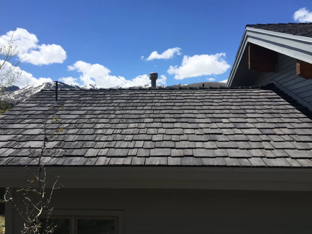 Synthetic cedar shake roofing shingles.