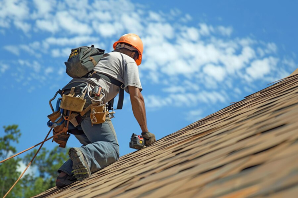 Roofer installing shingles on a residential roof.