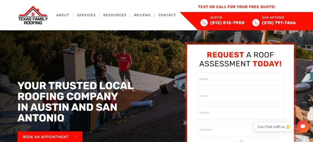Texas Family Roofing website homepage. 