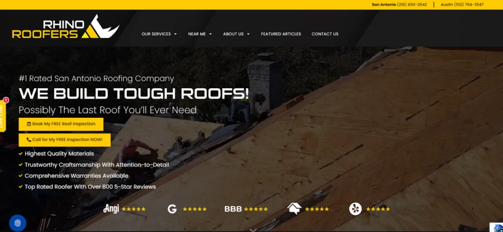 Rhino Roofers website homepage. 