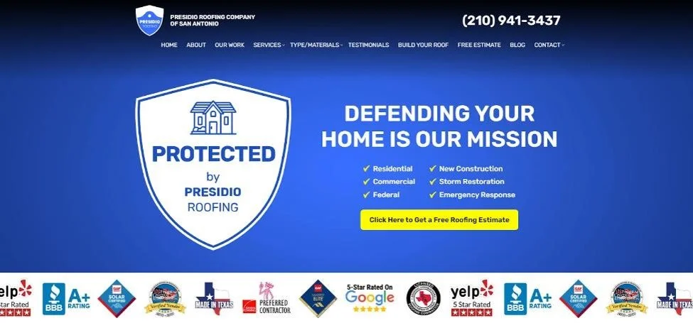 Presidio Roofing Company of San Antonio website homepage. 