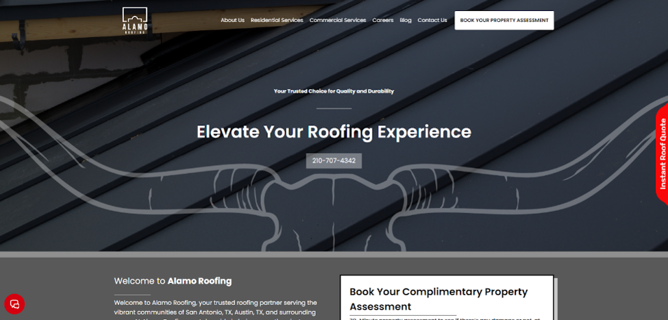Alamo Roofing website homepage. 