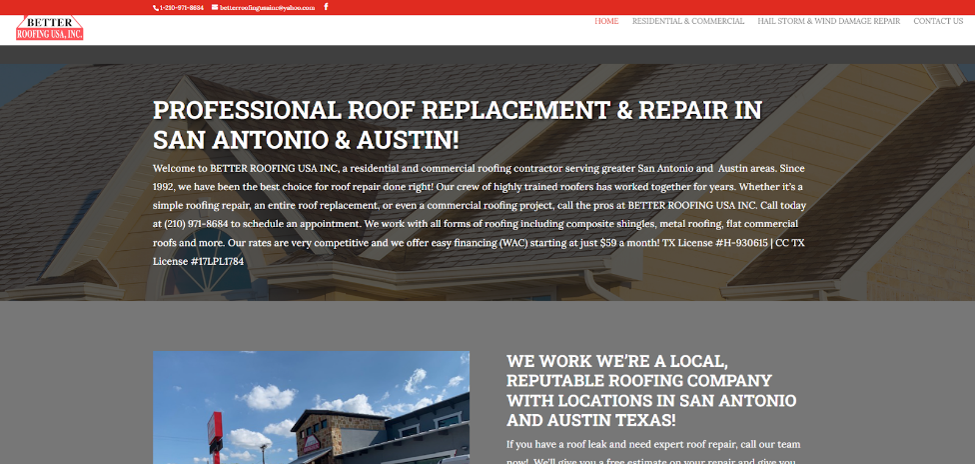 Better Roofing USA, Inc. website homepage. 