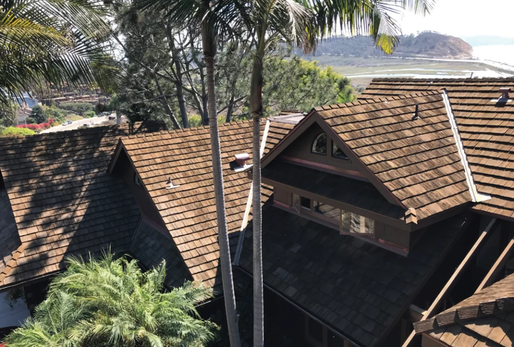 A close up look at a synthetic roof on a house. 