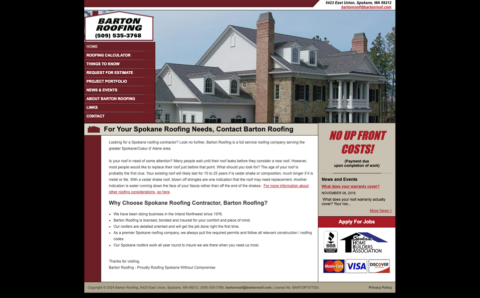 Barton Roofing website homepage.
