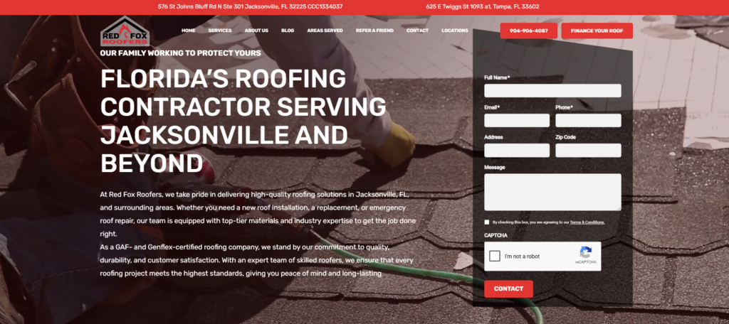Red Fox Roofers homepage. 