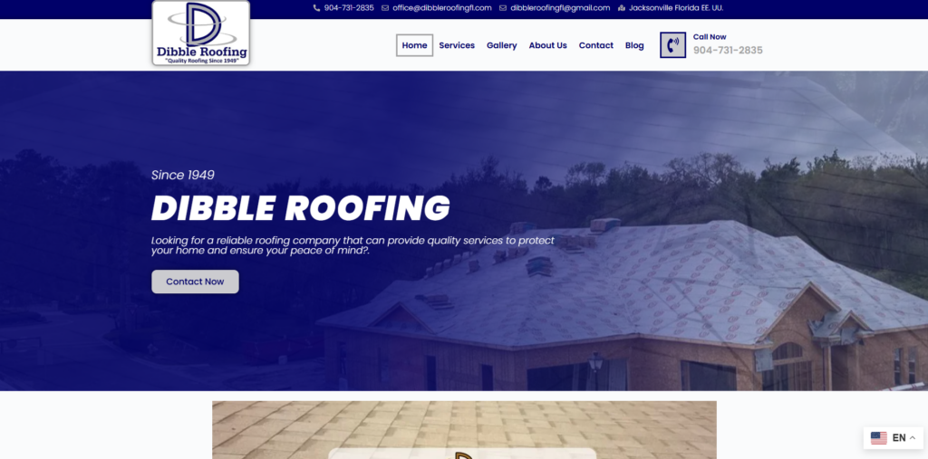 Dibble Roofing  homepage. 