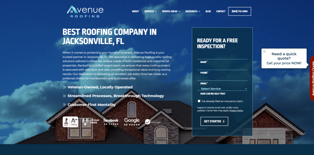 Avenue Roofing homepage. 