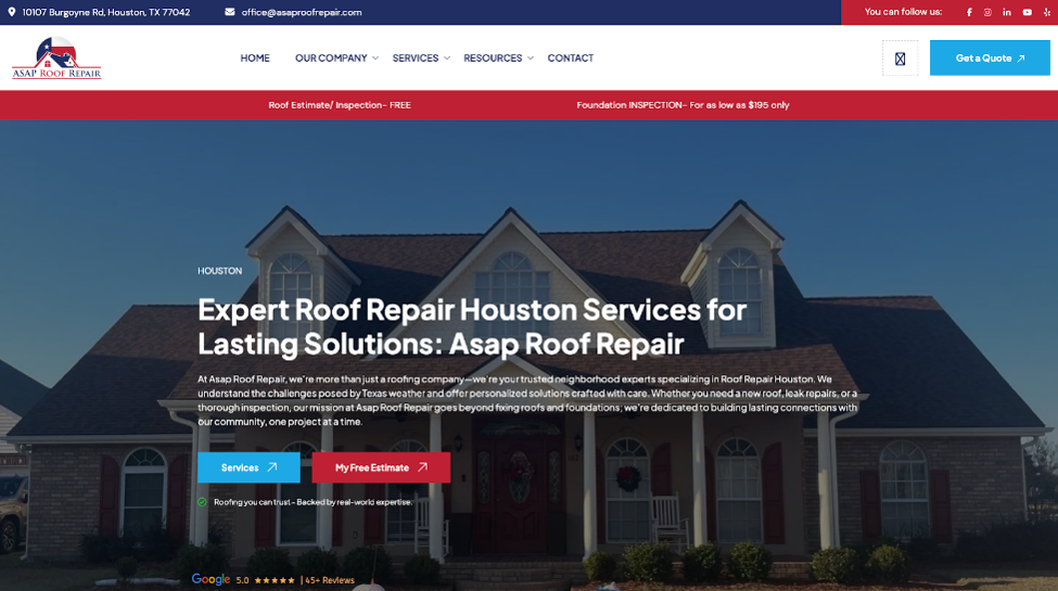 An image of Asap Roof Repair’s homepage.