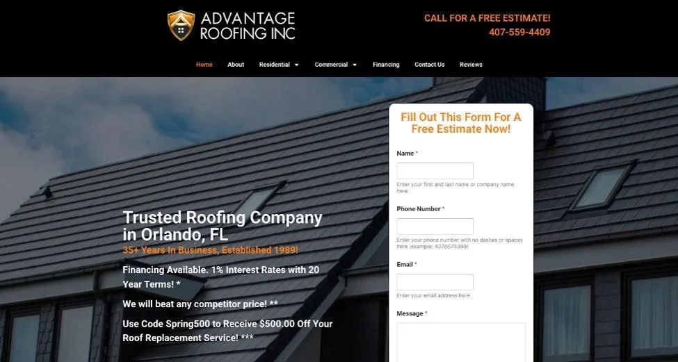 Screenshot of Advantage Roofing website