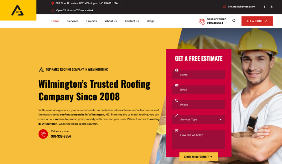 Website cover page for Affordable Roofing & Construction LLC.