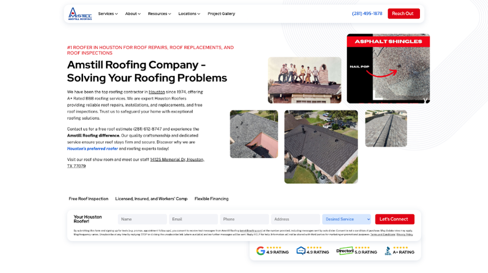An image of Amstill Roofing’s homepage.