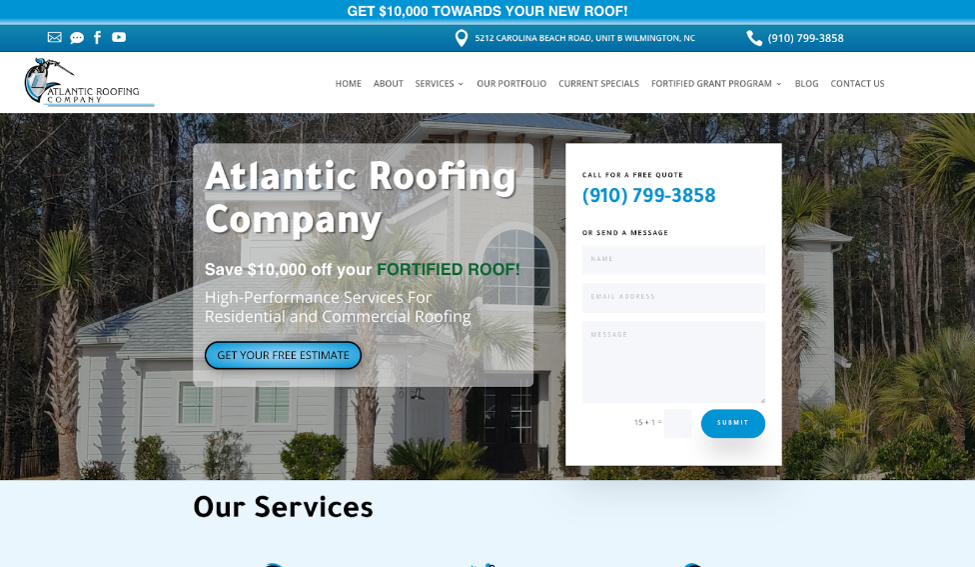 Website cover page for Atlantic Roofing Company.