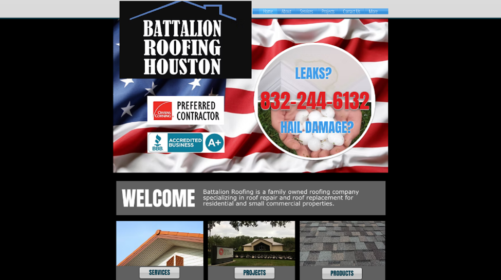 An image of Battalion Roofing Houston’s homepage.