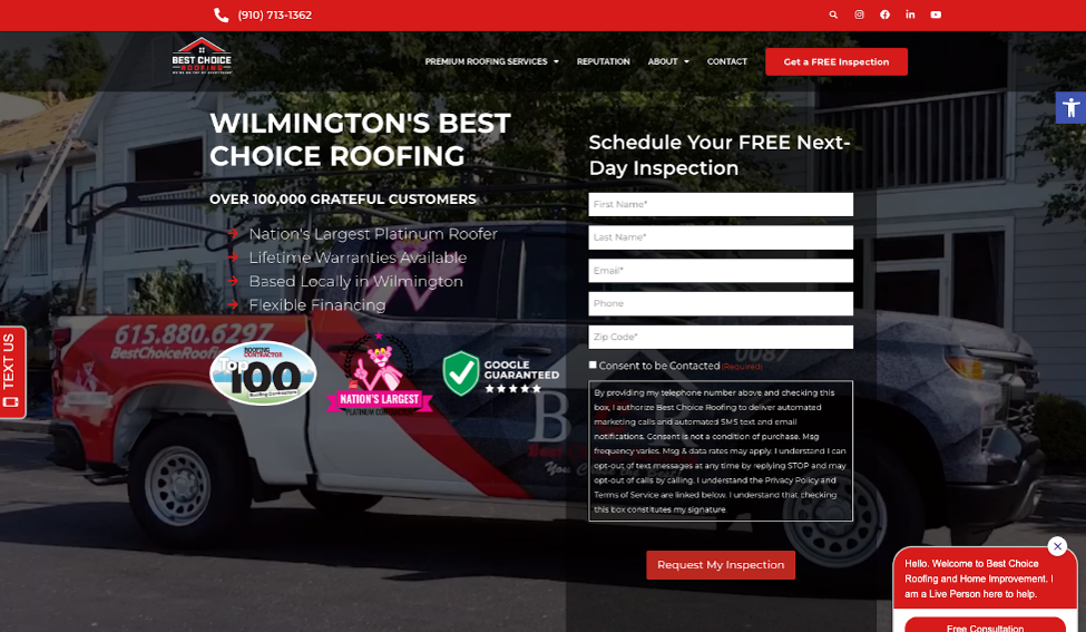 Website cover page for Best Choice Roofing.