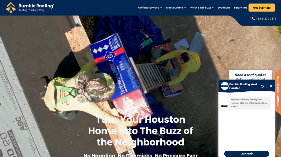 An image of Bumble Roofing of West Houston’s homepage.