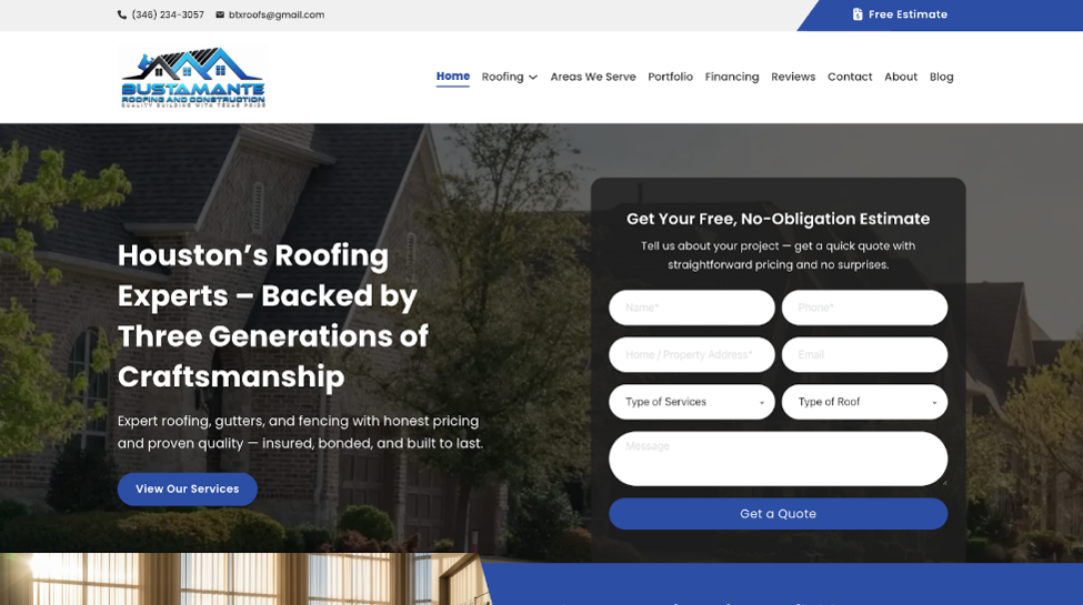 An image of Bustamante Roofing and Construction’s homepage.