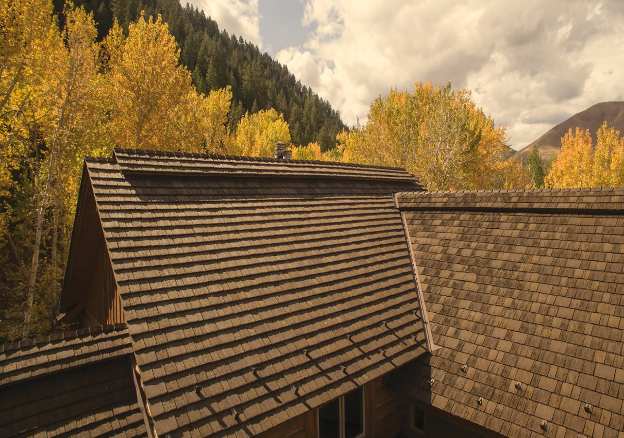 Rustic faux cedar shake roofing material.