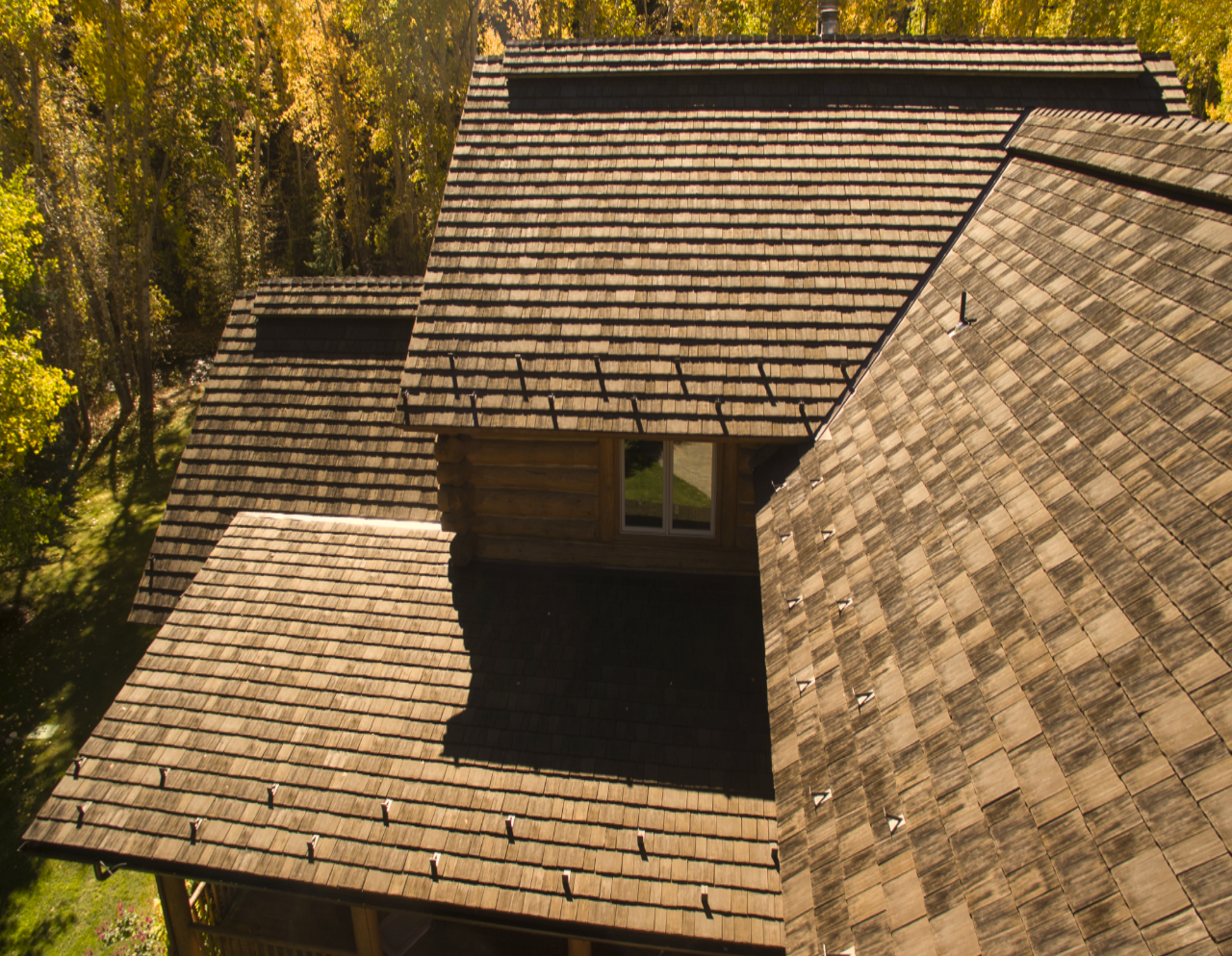 Faux wood shake shingle roof.