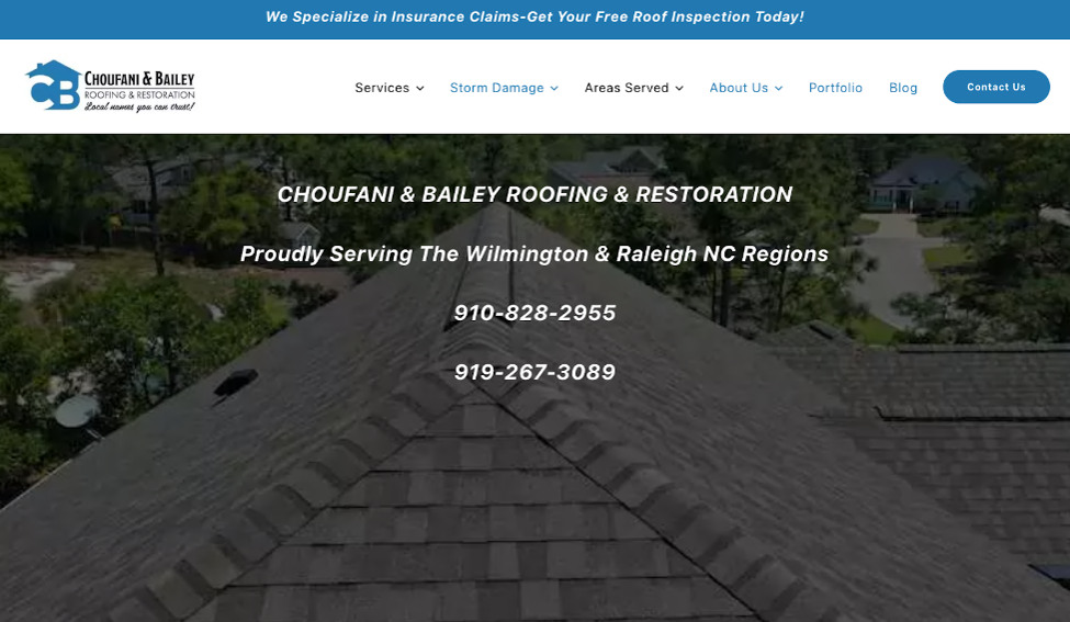 Website cover page for Choufani & Bailey Roofing & Restoration.