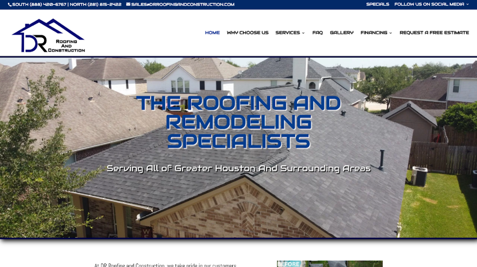 An image of DR Roofing and Construction’s homepage.