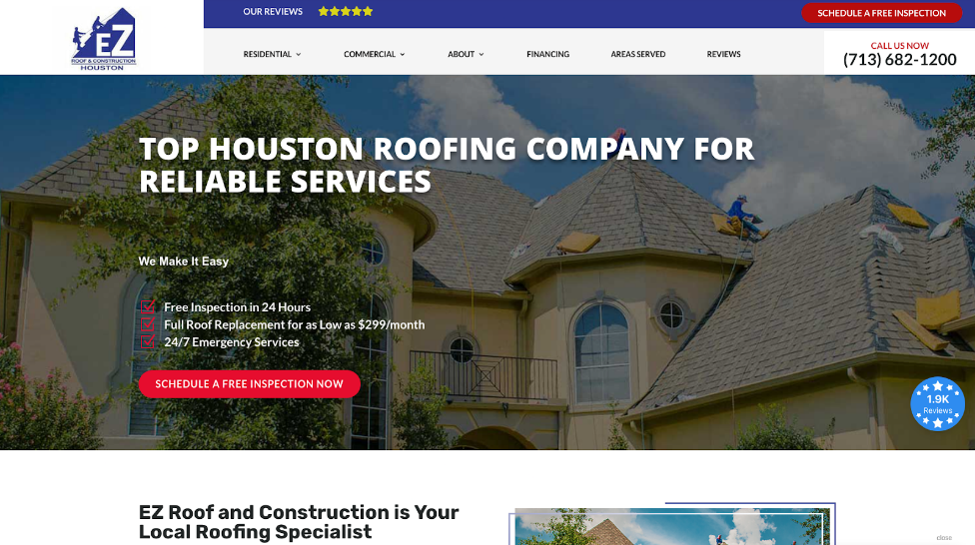 An image of EZ Roof and Construction’s homepage.