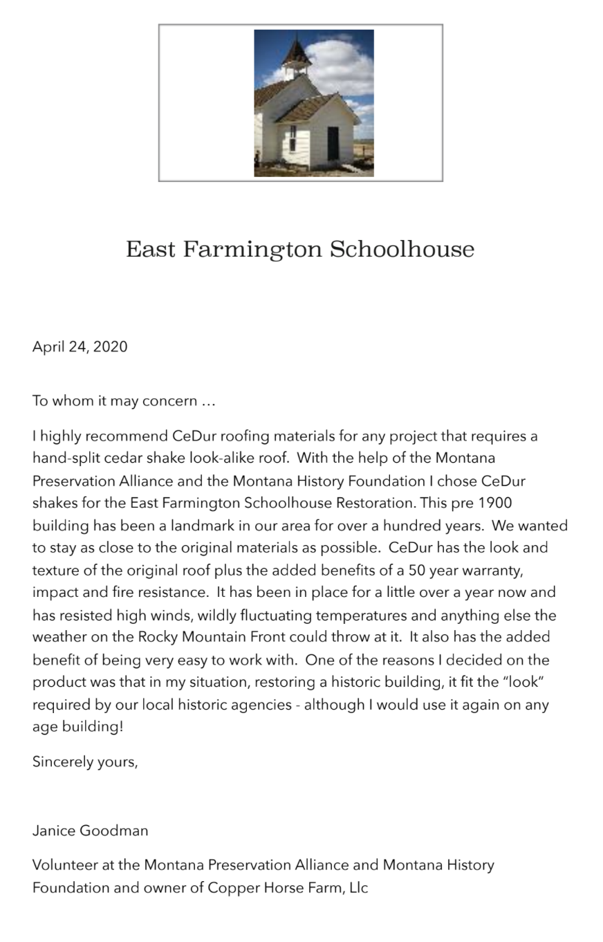 East Farmington School House Restoration Letter of Recommendation for CEDUR Synthetic Roofing Products