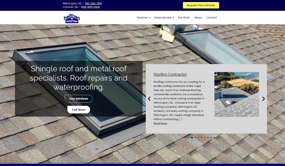 Website cover page for Hallman Roofing.
