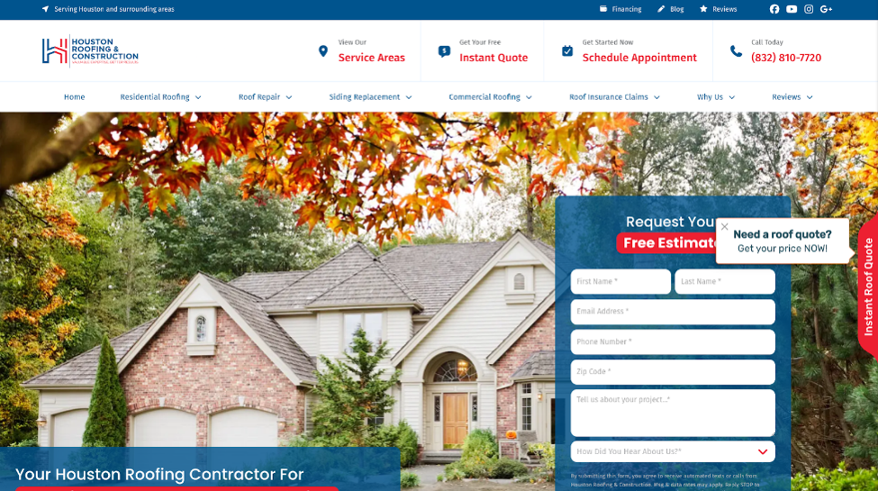An image of Houston Roofing & Construction’s homepage.