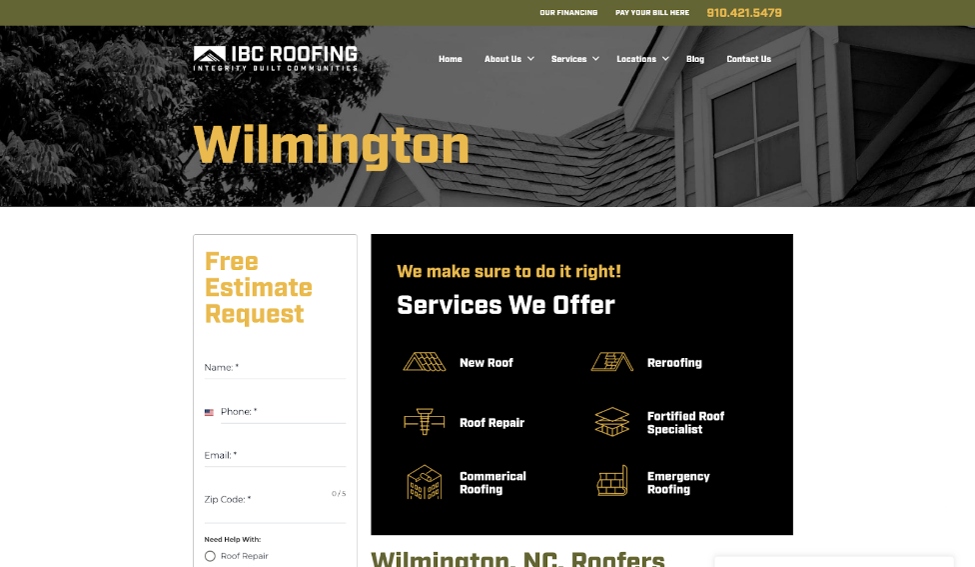Website cover page for IBC Roofing Wilmington.