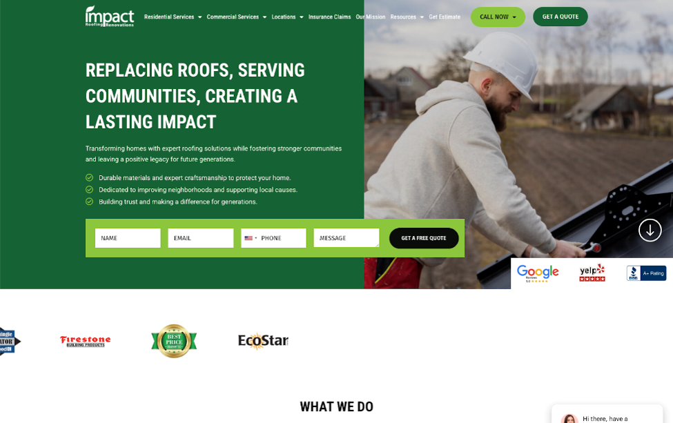 Screenshot of the Impact Roofing Renovations website