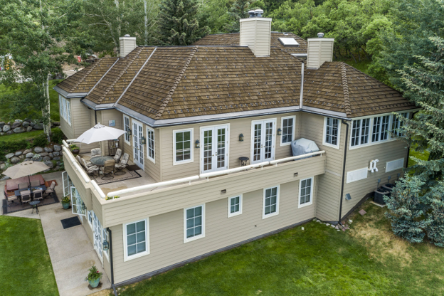 A two-story mountain home.