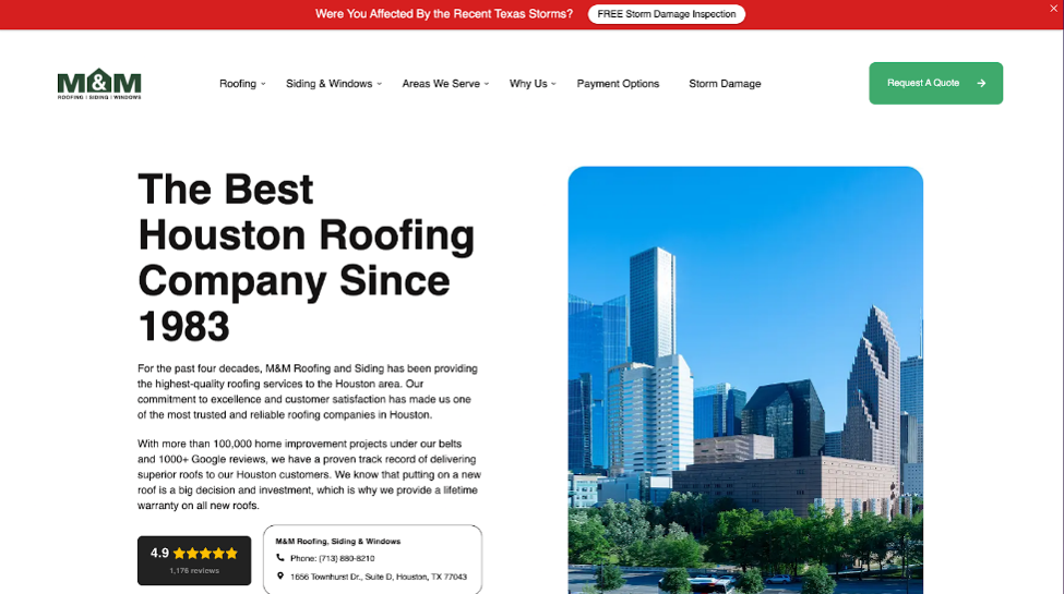 An image of M&M Roofing, Siding & Windows’s homepage.