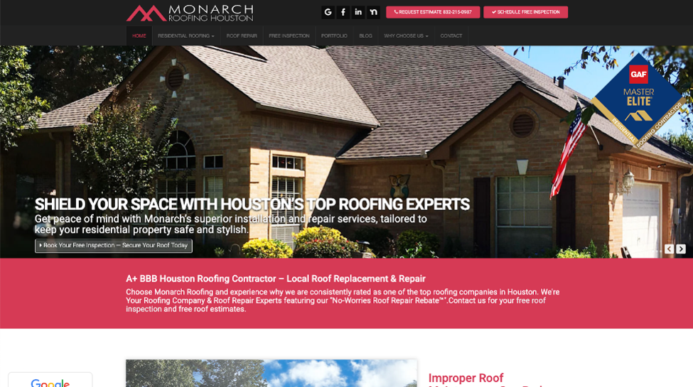 An image of Monarch Roofing Houston’s homepage.