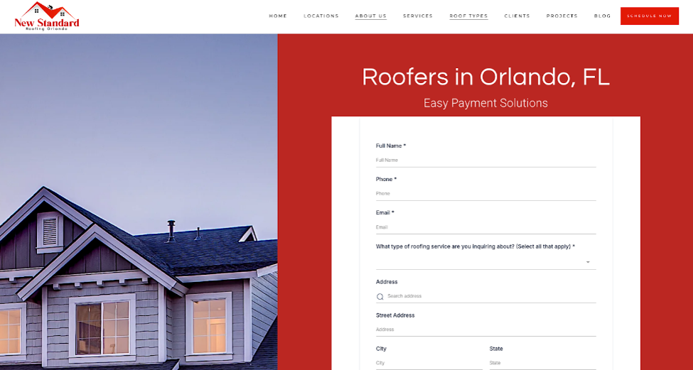 View of the New Standard Roofing website