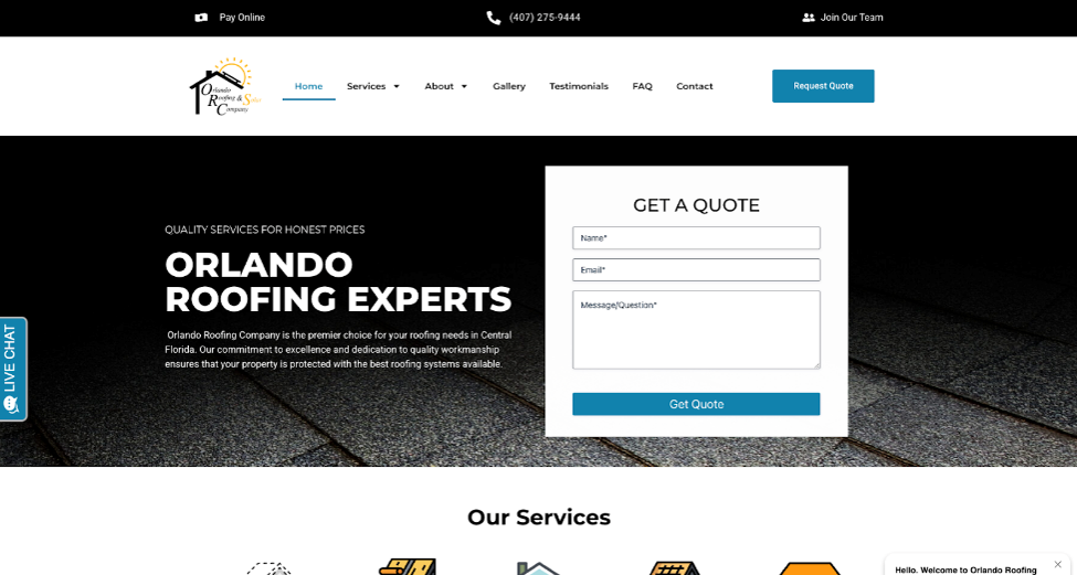 Screenshot of the Orlando Roofing Company website