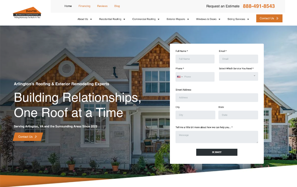Screenshot of the Painter Roofing website in Virginia