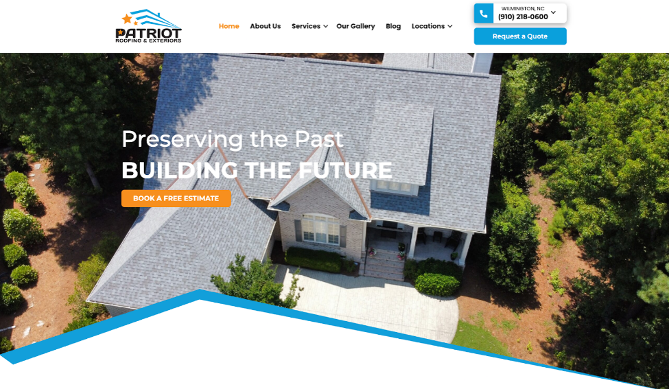Website cover page for Patriot Roofing Company.