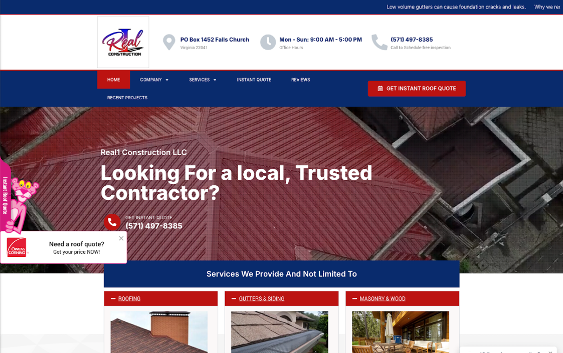 Screenshot of the Real1 Construction website in Virginia