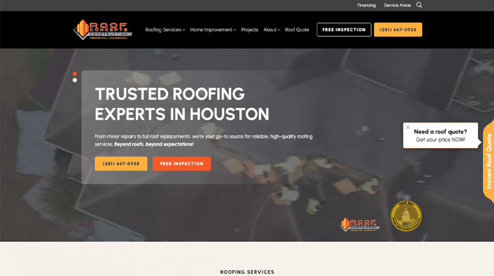 An image of Roof Concepts Construction’s homepage.