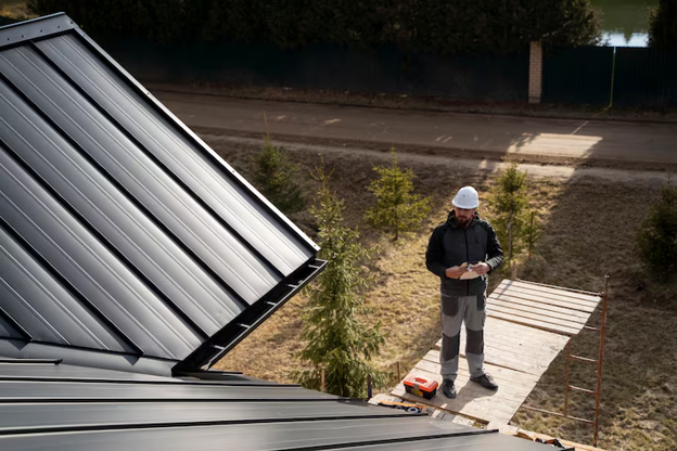 Worker in safety gear standing on scaffolding near a black metal roof, taking notes.