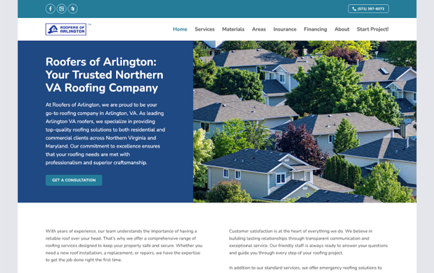 Screenshot of the Roofers of Arlington website