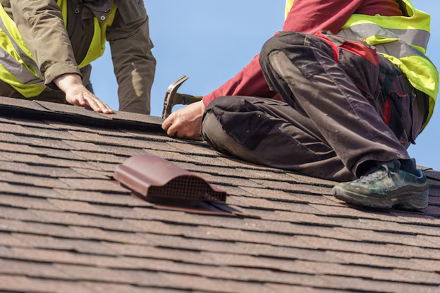 Roofing contractors installing asphalt shingles on a house roof using a hammer.