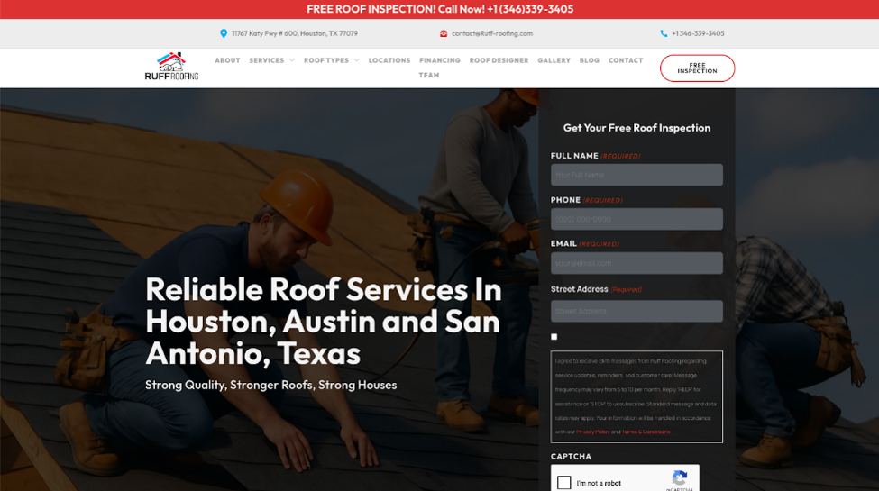 An image of Ruff Roofing Houston Contractor’s homepage.