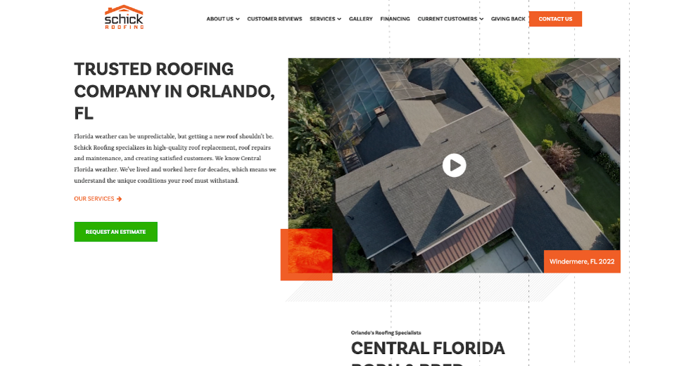 Website view of Schick Roofing