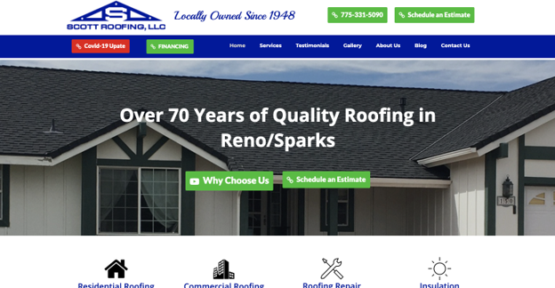 Screenshot of the Scott Roofing website. A Local Las Vegas roofing contractor.