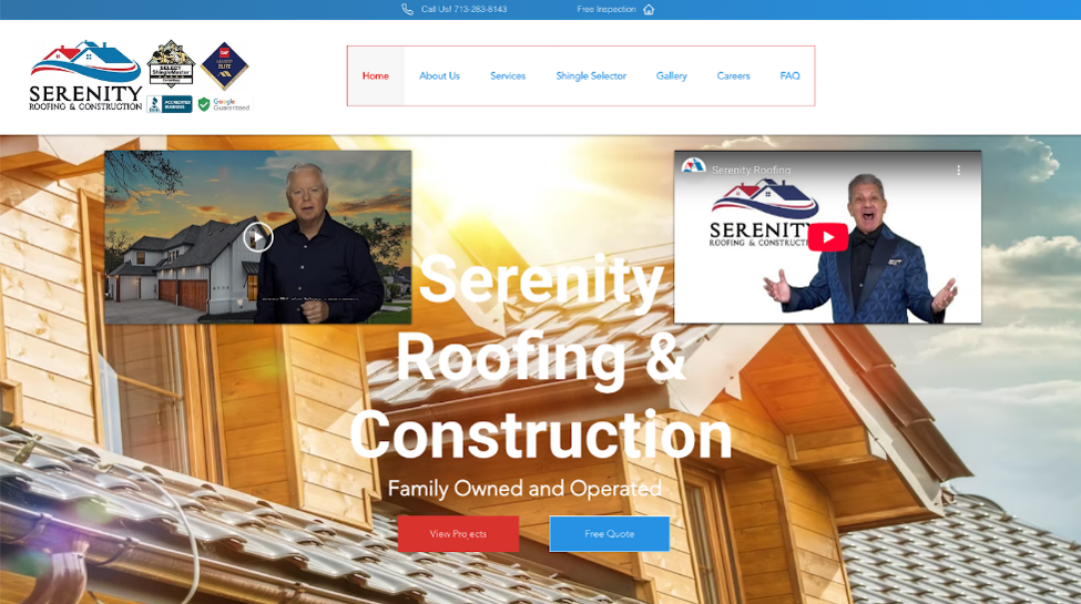 An image of Serenity Roofing & Construction’s homepage.