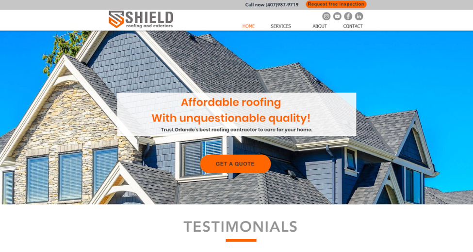 Website screenshot of the Shield Roofing website