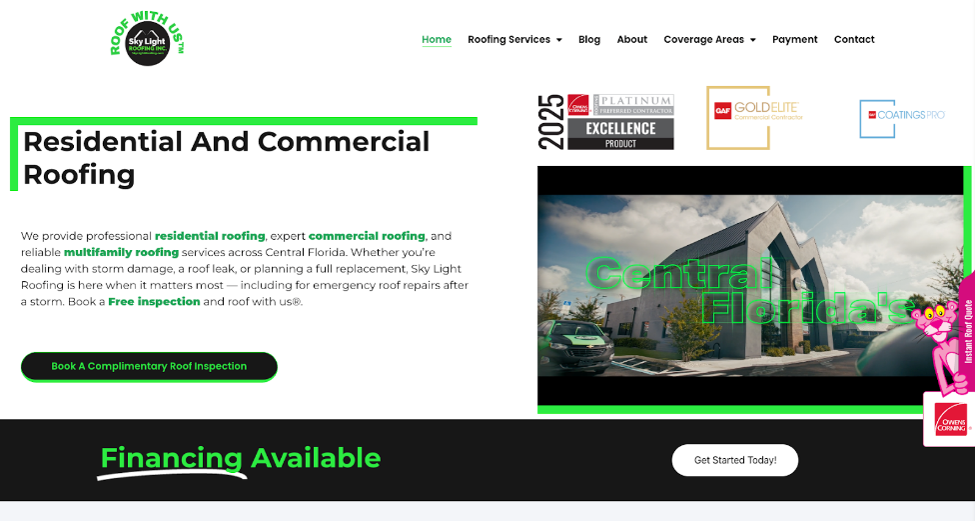 Sky Light Roofing website view