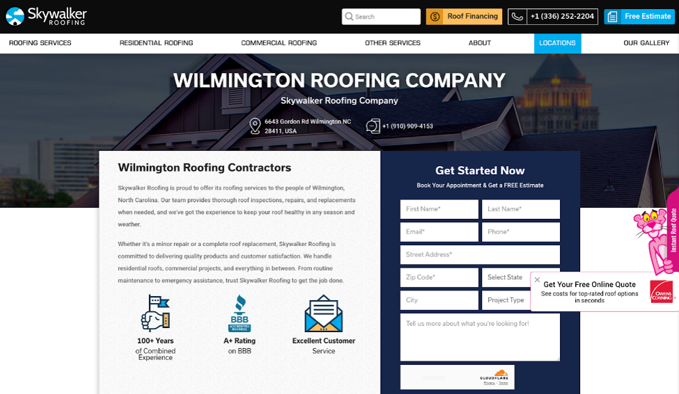 Website cover page for Skywalker Roofing Company.